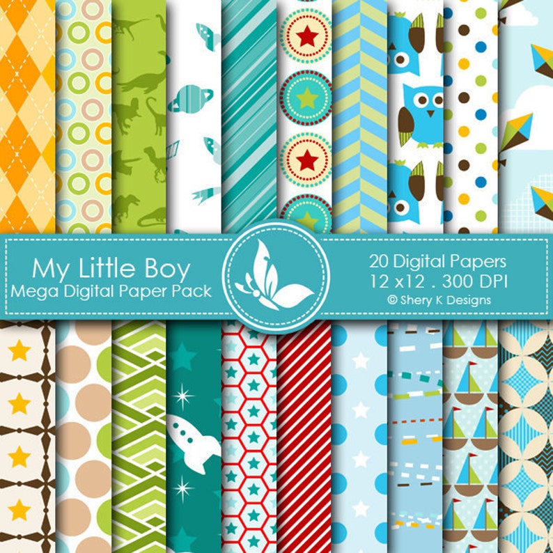 My Little Boy Paper Pack 20 Printable Digital Scrapbooking papers 12 x12 300 DPI image 1