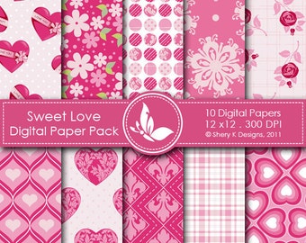 Sweet Love Paper Pack - 10 Printable Digital papers - 12 x12 - 300 DPI