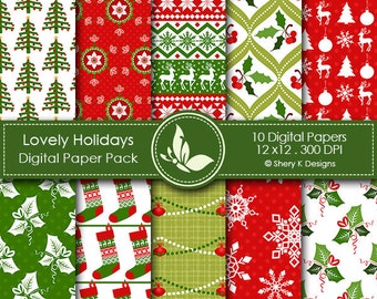 Lovely Holidays Paper Pack - 10 Printable Digital papers - 12 x12 - 300 DPI