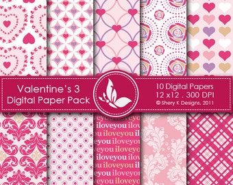 Valentine's Paper Pack 3 - 10 Digital papers - 12 x12 - 300 DPI ////// 3