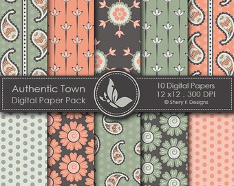 Authentic Town Paper Pack - 10 Digital papers - 12 x12 - 300 DPI