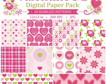 May include: A digital paper pack titled Valentine's 2 featuring 10 seamless patterns in pink, white, and lime green. The designs include polka dots, hearts, flowers, plaid, and XOXO motifs. Each pattern is provided as a 12x12 inch JPG file at 300 DPI.