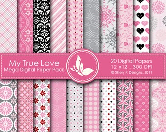 My True Love Mega Paper Pack - 20 Printable Digital papers - 12 x12 - 300 DPI