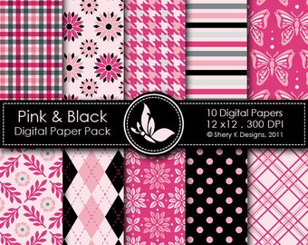 Pink & Black Paper Pack - 10 Printable Digital papers - 12 x12 - 300 DPI