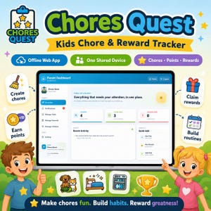 May include: A digital chore and reward tracker titled Chores Quest displayed on a laptop screen. The interface shows a parent dashboard with task management, point tracking, and reward claiming features, surrounded by cartoon illustrations.