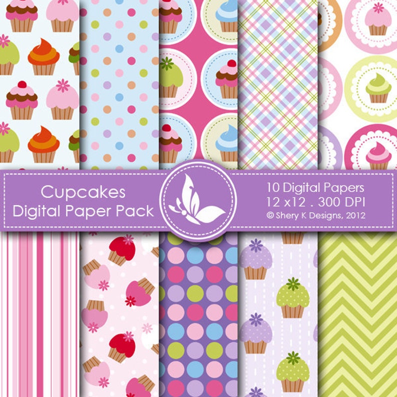 Cupcakes Paper Pack 10 printable Digital Scrapbooking papers 12 x12 300 DPI image 1