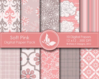 Soft Pink Paper Pack - 10 printable Digital Scrapbooking papers - 12 x12 - 300 DPI