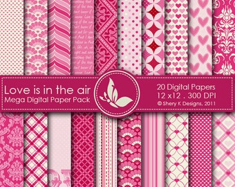 Love is in the air Mega Paper Pack - 20 Printable Digital papers - 12 x12 - 300 DPI