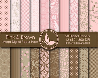 Pink & Brown Mega Paper Pack - 20 Printable Digital papers - 12 x12 - 300 DPI