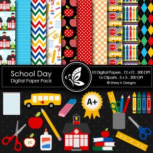 School Day Paper Pack - 10 Digital Patterns - 16 Cliparts - Sublimation - Stationery - Garments & Home Décor