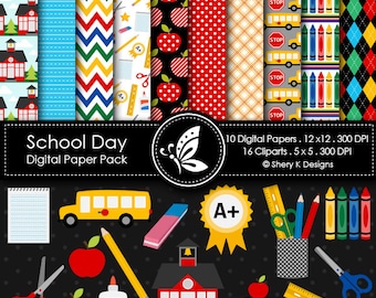 School Day Paper Pack - 10 Digital Patterns - 16 Cliparts - Sublimation - Stationery - Garments & Home Décor