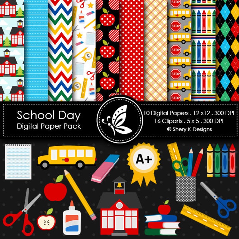 School Day Paper Pack 10 Digital Patterns 16 Cliparts Sublimation Stationery Garments & Home Décor image 1