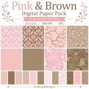 Può includere: Un pacchetto di carta digitale intitolato Pink & Brown con 20 motivi senza cuciture in formato 30,48x30,48 cm, 300 DPI, JPG. La collezione mostra vari design tra cui damasco, strisce, rami fioriti e motivi geometrici in tonalità rosa e marrone.