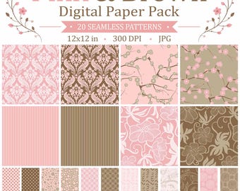 May include: A digital paper pack titled Pink & Brown featuring 20 seamless patterns in 30.48x30.48 cm, 300 DPI, JPG format. The collection displays various designs including damask, stripes, floral branches, and geometric motifs in shades of pink and brown.