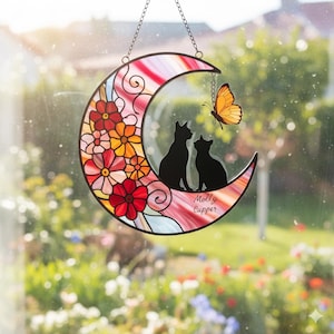 Custom Loss of Cats Sympathy Gift, Couple Cats on Moon Suncatcher, Pet Memorial Suncatcher, Cat Loss Memorial Suncatcher, Cat Mom Gifts