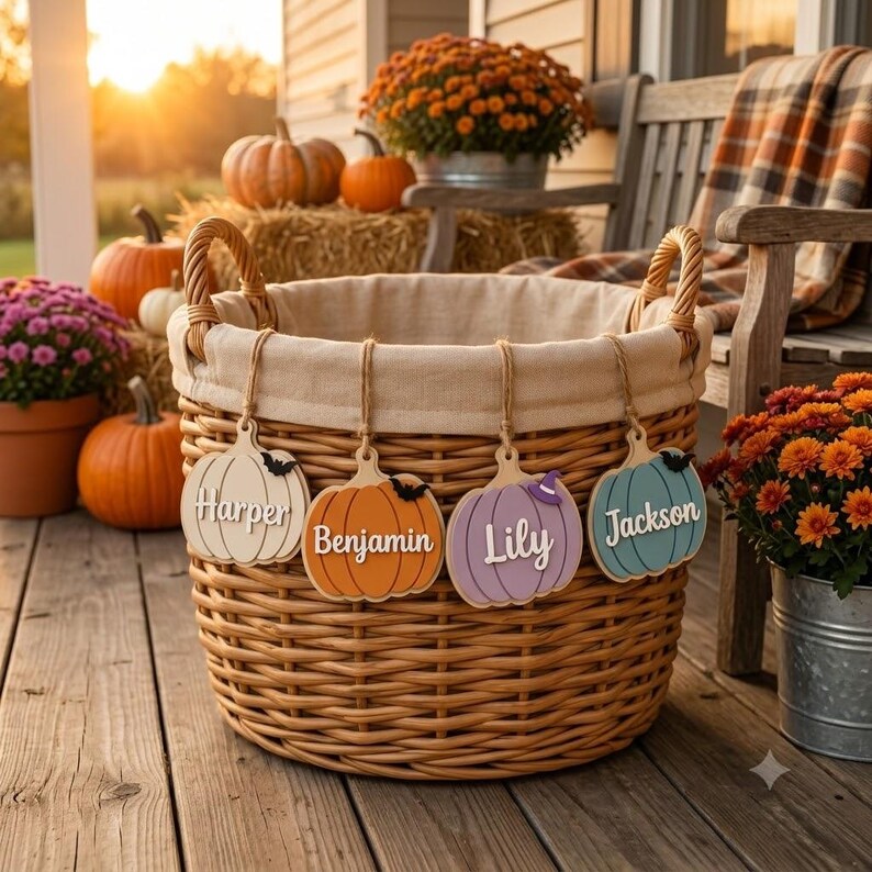 May include: A round woven wicker basket with a beige fabric liner, featuring four hanging wooden pumpkin-shaped ornaments. Each ornament is painted in a different color and displays a name: Harper, Benjamin, Lily, and Jackson.