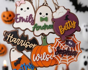 Personalized Wooden Halloween Ornament, Custom Name Ghost Pumpkin Bat Decor, Layered Wood Halloween Tag, Cute Halloween Gift