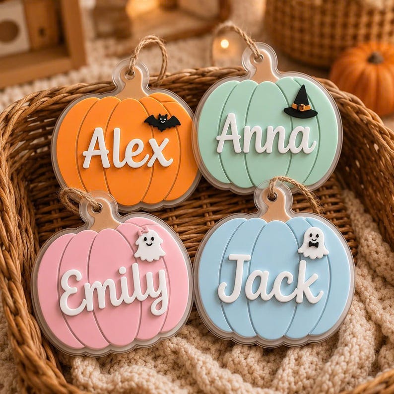 May include: Four pumpkin-shaped ornaments with white lettering. The orange pumpkin features a black bat, the mint green one has a black witch hat, the pink one displays a white ghost with a bow, and the light blue one shows a white ghost with a bowtie.