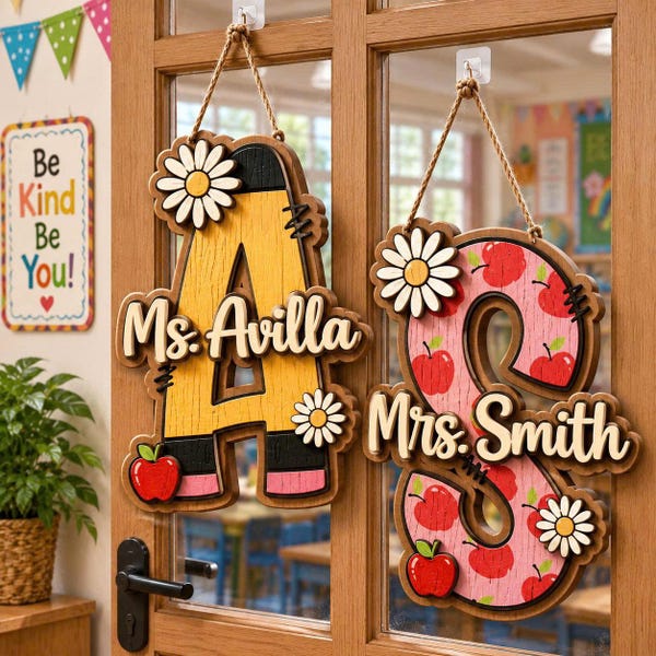 Personalized Alphabet Teacher Door Hanger, Back To School Teacher Gift, Custom Pencil Classroom Sign, Classroom Decor, Custom Name Hanger