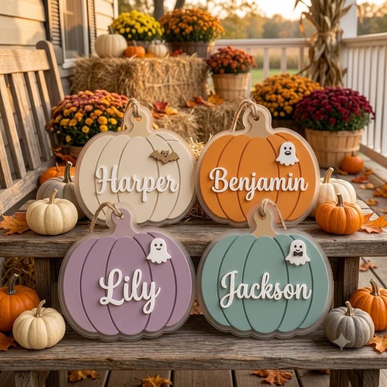 May include: Four decorative wooden pumpkin signs with jute rope hangers. The cream pumpkin says Harper with a bat, the orange says Benjamin with a ghost, the lavender says Lily with a ghost, and the teal says Jackson with a ghost wearing a bow tie.