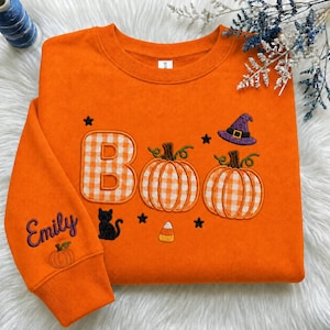 Personalized BOO Halloween Sweatshirt, Custom Name Sleeve, Gingham Pumpkin Applique, Cute Spooky Fall Crewneck for Women