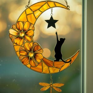 Custom Loss of Cats Sympathy Gift, Black Cat on Moon Suncatcher, Cat Loss Suncatcher, Cat Mom Gifts, Dragonfly suncatcher, Window decor