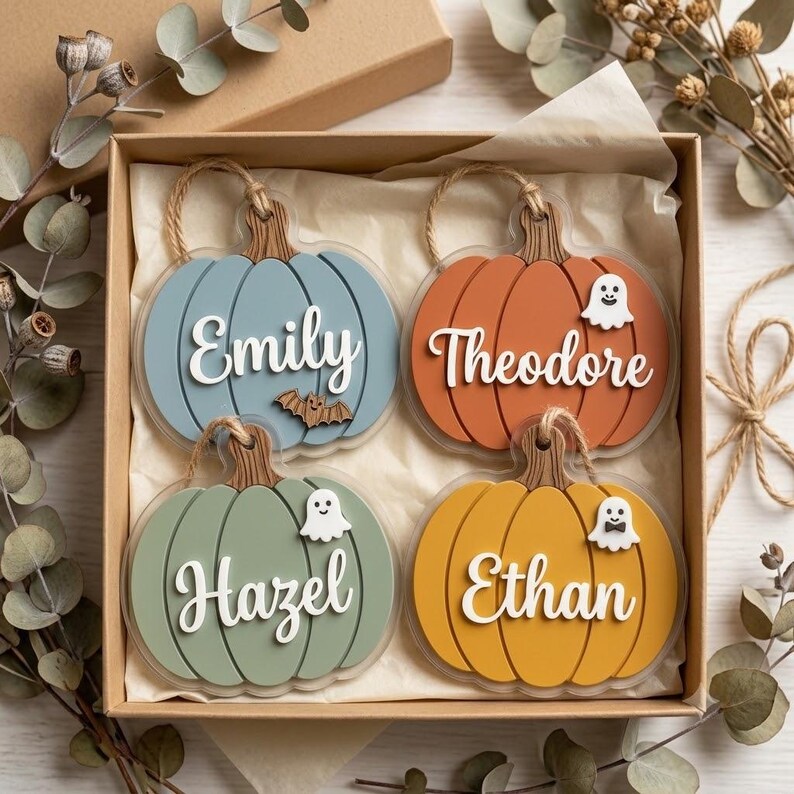 May include: Four pumpkin-shaped ornaments in a box, each featuring a name in white script: Emily on a blue pumpkin with a bat, Theodore on an orange pumpkin with a ghost, Hazel on a sage green pumpkin with a ghost, and Ethan on a yellow pumpkin with a ghost.