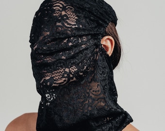 Single Layer Lace Face & Neck Mask - Black Gothic Veil, Masquerade, Anonymity Covering