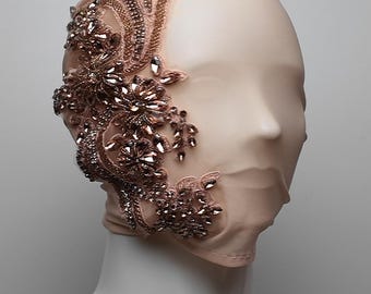 Peach Crystal Full Face Mask, Mesh Rhinestone Mask – Avant Garde Mask, Burlesque Statement Face Covering