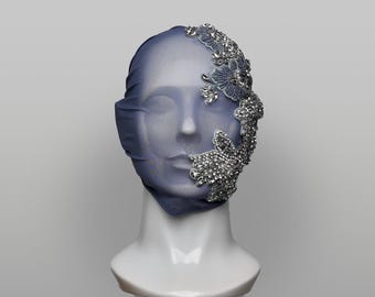 Periwinkle Crystal Embellished Overhead Mask – Soft Mesh Couture Hood, Avant Garde Fashion, Burlesque