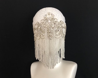 Soft See-Through Beaded Fringe Face Head Cover with Crystal in White