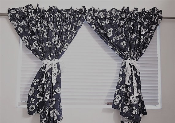 Navy White Flower Kitchen Window Curtain Bathroom Window Etsy