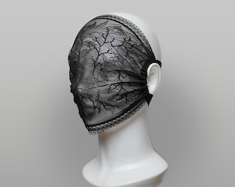 Dark Foliage Lace Full Face Mask – Airy Gothic Botanical Veil, Masquerade Festival Fashion