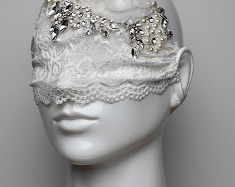 3D Floral Embellished Crystal See Through Eye Mask in White - Masquerade Festival Fashion