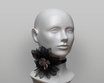 Black Organza & Velvet Floral Choker