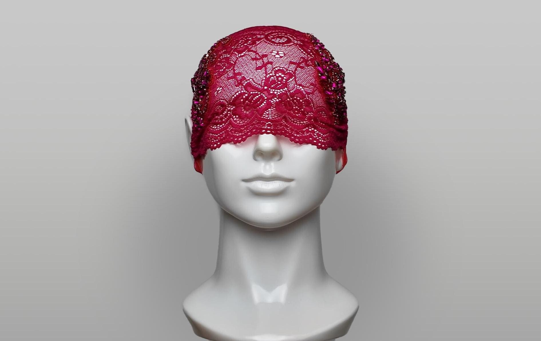 Deep Fuchsia See Through Eye Mask with Crystal Embellishment - Sheer Veil, Gothic Lingerie, Masquerade