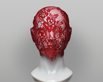 Embroidered Chantilly Floral Lace Face Mask in Red - Phantom, Gothic, Sheer Concealing Veil