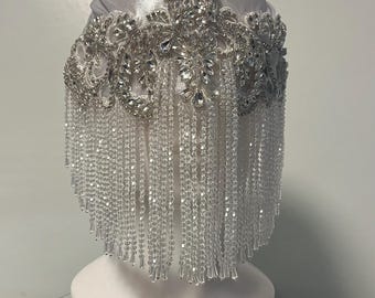 Masque facial argenté transparent à franges et perles avec ornements en cristaux - Avant-garde mascarade mode festival