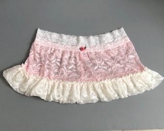 Lace Ruffled Drop-Waist Miniskirt with Satin Rosette Detail - Coquette, Cottage Core, Vintage Style
