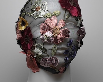 Colorful Floral Embroidery Full Face Mask -  Gothic Wedding, Avant Garde Romantic Fashion, Masquerade Mask