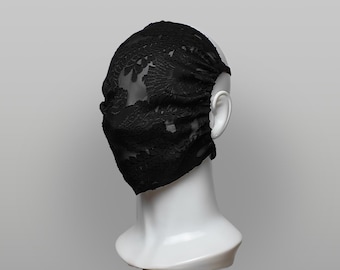 Black Silk Burnout Face Mask, Midnight Phoenix Gothic Motif, Avant Garde Face Covering