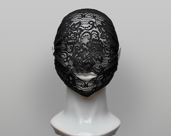 Black Lace Full Face Mask Open Mouth – Gothic Hood, Avant Garde Fashion Mask, Anonymous Concealment Mask, Fetish Mask, Sensory Mask