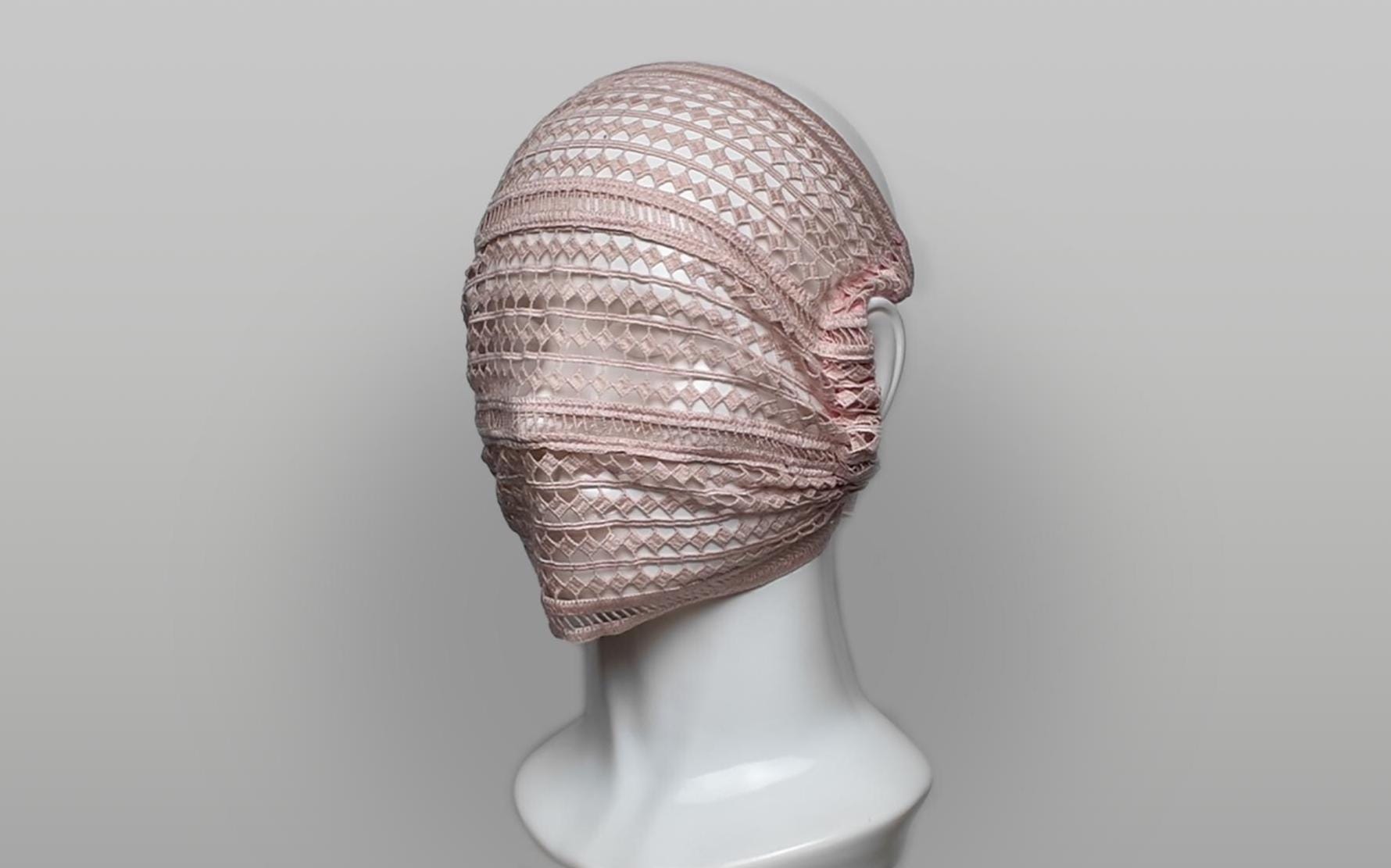 Rose Quartz Cotton Lace Face Mask, Sheer Avant Garde Masquerade Veil