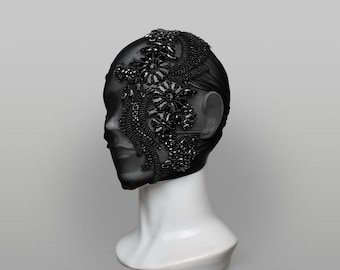Black Crystal Embellished Overhead Mask – Burlesque Soft Mesh Couture Hood, Avant Garde Fashion
