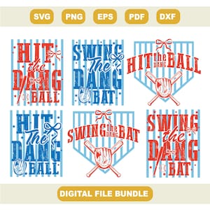 Könnte beinhalten: Ein digitales Dateipaket mit Baseball-Designs. Die Designs enthalten die Sätze "Hit the Dang Ball" und "Swing the Dang Bat" in Rot und Blau, zusammen mit Baseballschlägern, Handschuhen und Basebällen. Dateiformate sind SVG, PNG, EPS, PDF und DXF.