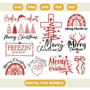 Könnte beinhalten: Ein digitales Dateipaket mit weihnachtlichen Designs in Rot und Schwarz. Enthält Texte wie "Merry Christmas" und "Freezin' Season" sowie Illustrationen von Weihnachtsmann, Weihnachtsbäumen und einem Kreuz. Dateiformate: SVG, PNG, EPS, PDF und DXF.