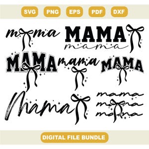Könnte beinhalten: Ein digitales Dateipaket mit dem Wort "Mama" in verschiedenen schwarzen Schriftarten, jeweils mit Schleifen und Sternen. Enthält die Dateiformate: SVG, PNG, EPS, PDF und DXF.