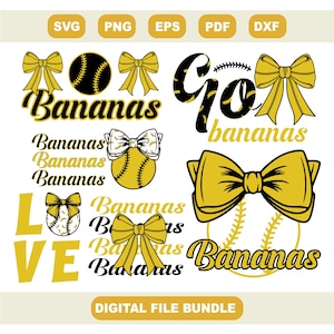 Könnte beinhalten: Ein digitales Dateipaket mit Baseball-Motiven. Das Design umfasst Basebälle, Schleifen und den Text "Bananas" in verschiedenen Stilen. Das Farbschema ist Gelb, Schwarz und Weiß. Der Satz "Go bananas" ist ebenfalls enthalten.