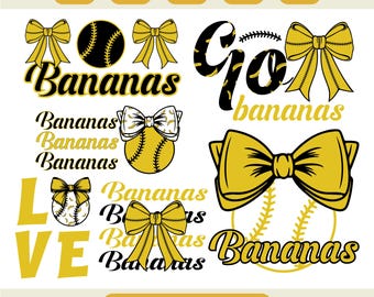 May include: A digital file bundle featuring baseball-themed designs. The graphics include baseballs, bows, and the word "Bananas" in different fonts. The colour scheme is yellow, black, and white. The phrase "Go bananas" is also present.