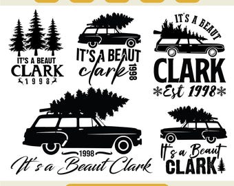 Könnte beinhalten: Ein digitales Dateipaket mit schwarzen Silhouetten eines Kombis mit einem Weihnachtsbaum. Text enthält "It's a Beaut Clark" und "Est 1998". Formate: SVG, PNG, EPS, PDF und DXF.